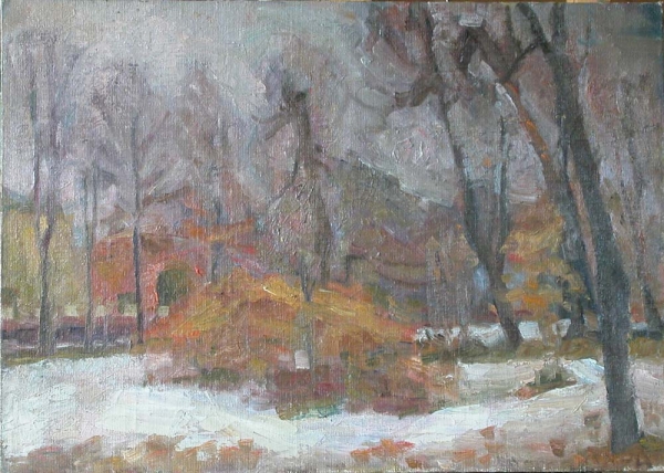 1976 "Снег осенью"
50х70 х.,м.
Ключевые слова: мара даугавиете,парк,пейзаж