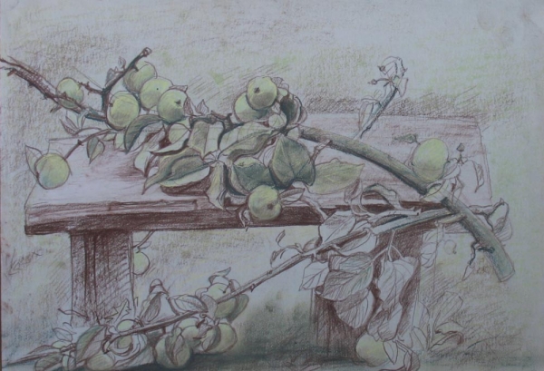 2002 "Ветка с яблоками"
сепия, пастель
Ключевые слова: мара даугавиете,графика,латвия